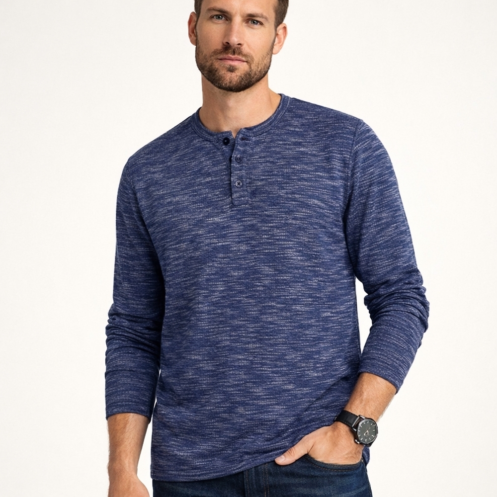 Mens M Rustic Souls Heather Blue Henley T-Shirt Long Sleeve Lounge Casual Knit